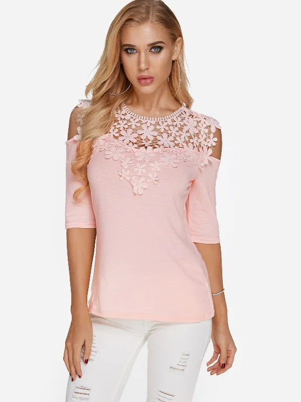 Wholesale Cold Shoulder Plain Lace Half Sleeve Pink T-Shirts