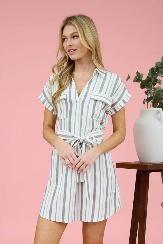 SARIAH STRIPE COLLARED SHORT SLEEVE BELTED SHIRT DRESS