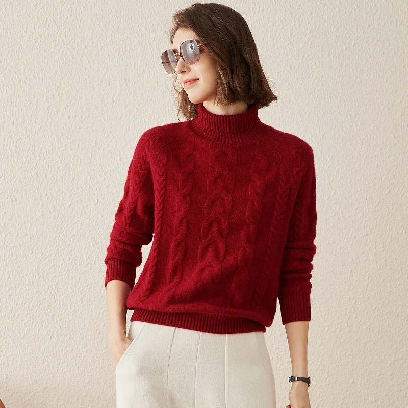 100% Cashmere Womens Turtleneck Cable Knit Sweater