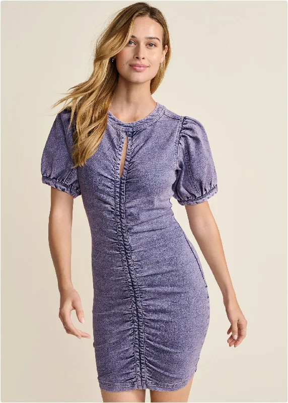 Puff Sleeve Denim Dress  - Lavender