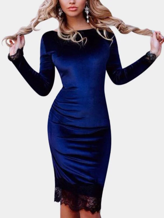 Wholesale Blue Bateau Long Sleeve Lace Stitching Hem Midi Dress