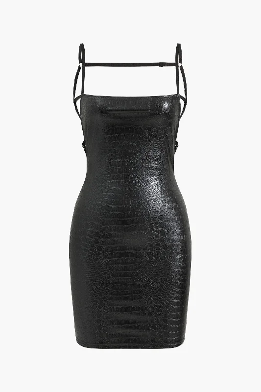 Crocodile Faux Leather Backless Sleeveless Slip Mini Dress