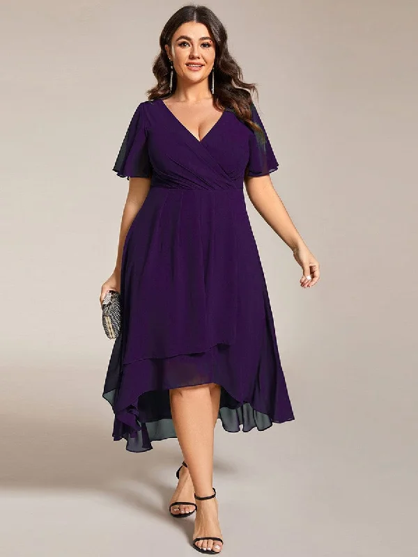 Lana | Plus Size Chiffon Short Sleeves Pleated V-Neck A-Line Midi Wedding Guest Dress