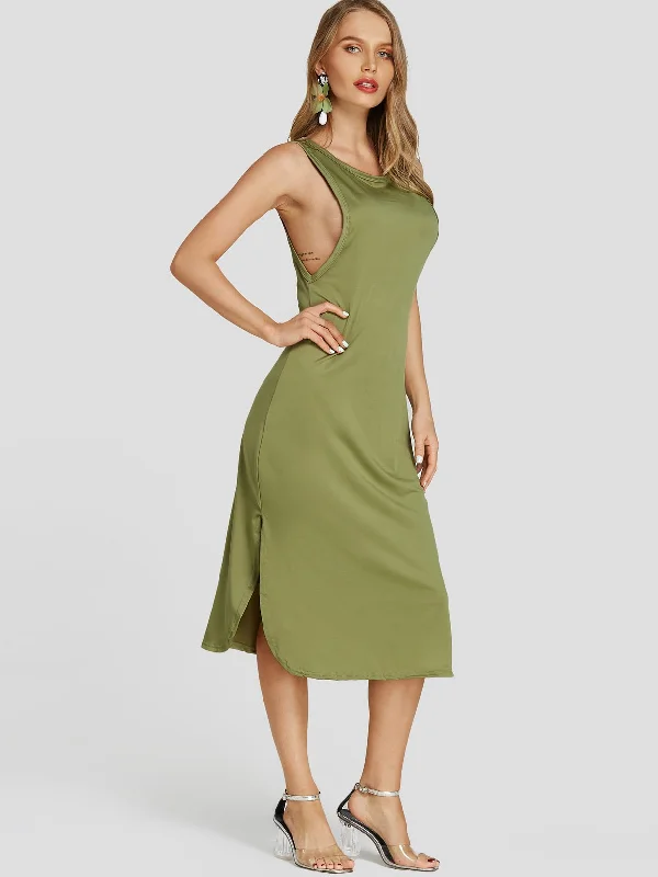 Wholesale Army Green Scoop Neck Sleeveless Plain Slit Midi Dress