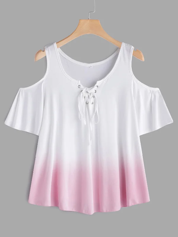 Custom Round Neck Cold Shoulder Fantasy Colour Crossed Front Hollow Lace-Up Cut Out Short Sleeve Pink T-Shirts