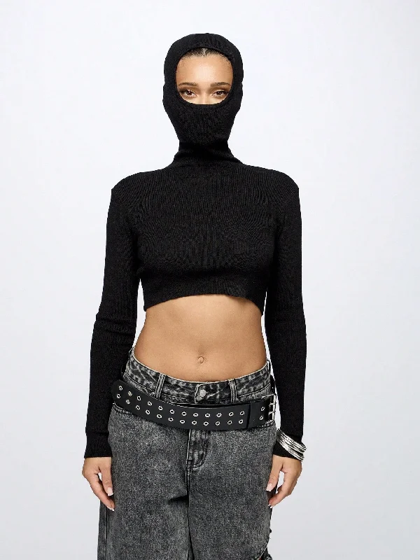 SUMWON WOMEN Balaclava Hooded Knitted Long Sleeve Crop Top