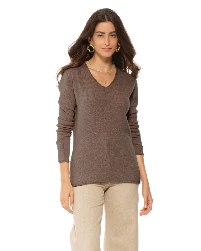 Women's Ultra-Light Cashmere V-Neck Sweater Brown by Monticelli Cashmere