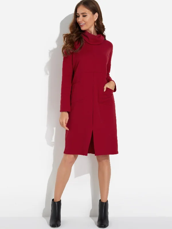 Wholesale Roll Neck Side Pockets Long Sleeve Slit Hem Burgundy Midi Dress