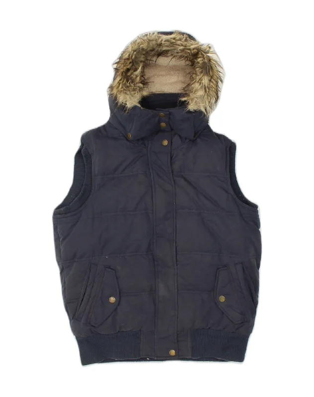 FAT FACE Womens Hooded Padded Gilet UK 12 Medium  Navy Blue Cotton