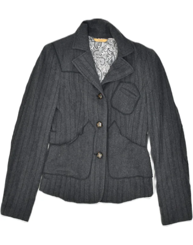 STEFANEL Womens 3 Button Blazer Jacket UK 8 Small Grey Striped Cotton