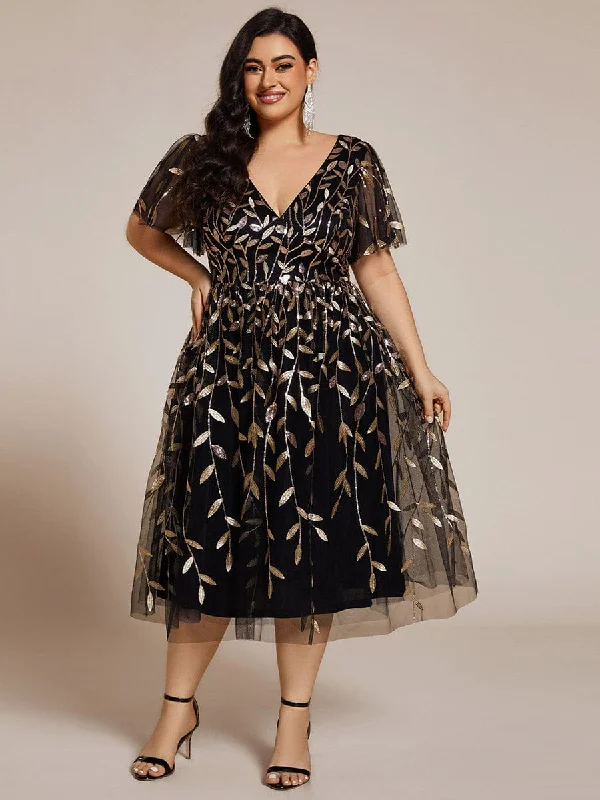 Gentle Coco | Plus Size Sparkly A-Line Midi Tulle Formal Wedding Guest Dress with Leaf Sequin