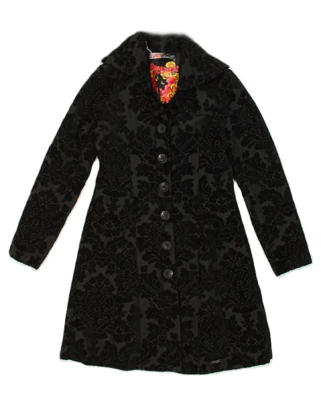 DESIGUAL Womens Overcoat EU 38 Medium Black Paisley Polyester