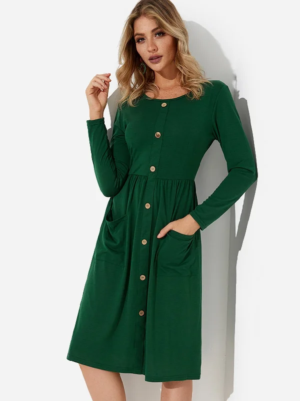 Wholesale Round Neck Long Sleeve Side Pockets Midi Dress