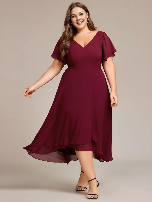 Rina | Plus Size Flowing Chiffon V-Neck Ruffle Sleeves Bridesmaid Dress