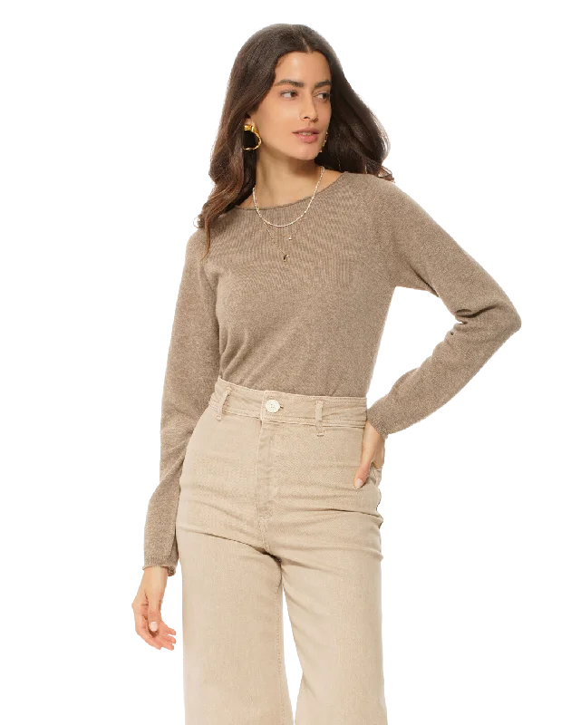 Women's Ultralight Cashmere Raglan Crew Neck Sweater Taupe by Monticelli Cashmere