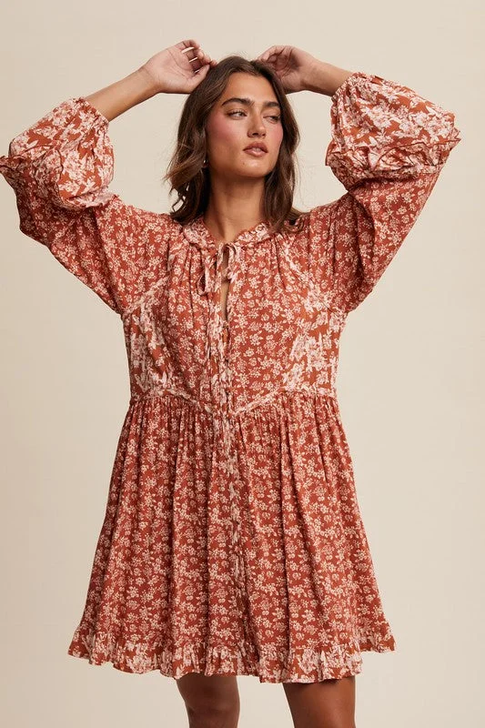 Becky Floral Print Tie Front Long Sleeve Ruffle Dress