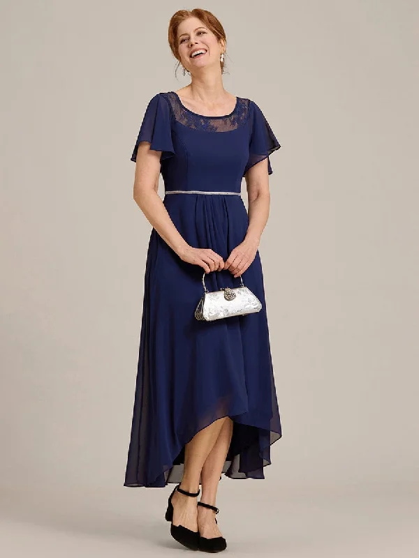 Chiffon Ruffle Sleeves Asymmetrical Hem Mother of the Bride Dress