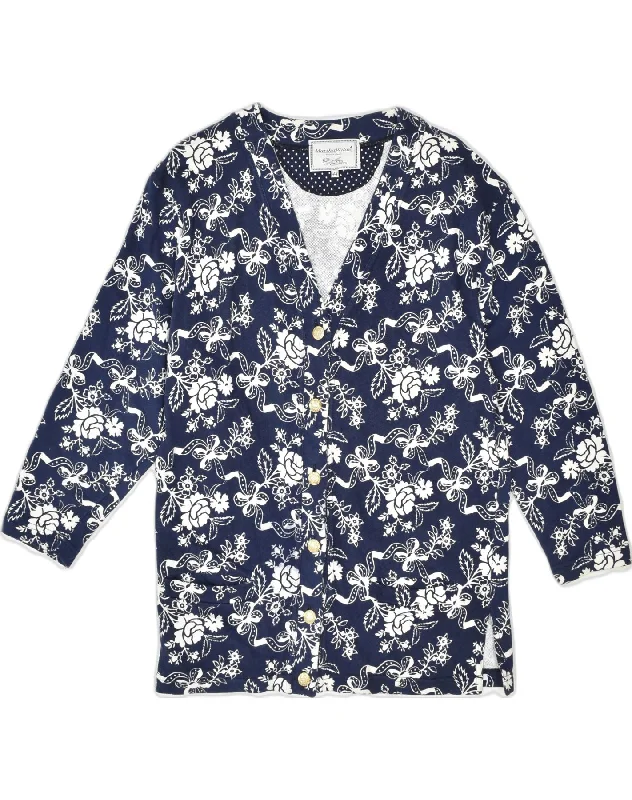 VINTAGE Womens 6 Button Blazer Jacket IT 44 Medium Navy Blue Floral Cotton