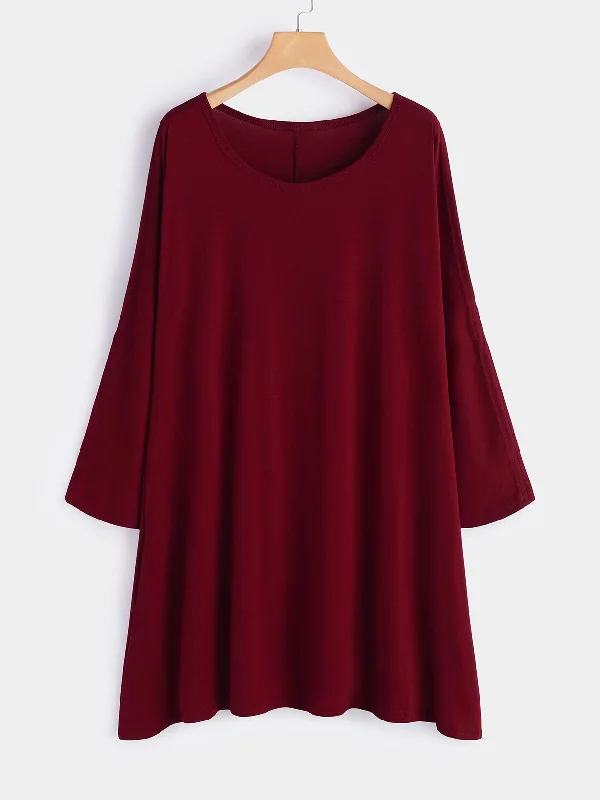 Wholesale Round Neck Plain Hollow Long Sleeve Burgundy Midi Dress