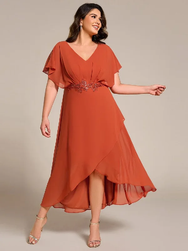 Plus Size V-Neck Chiffon Bat-Wing Sleeve A-Line Waist Applique Formal Dress