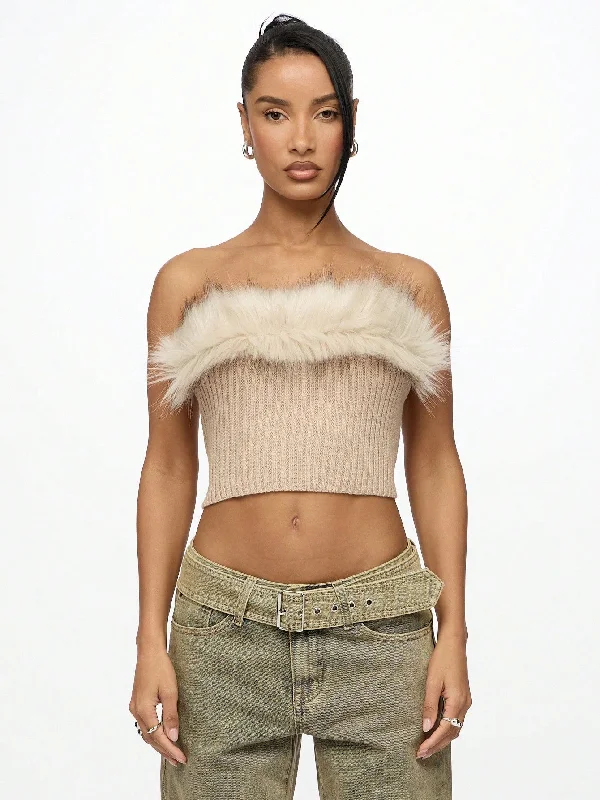 SUMWON WOMEN Fur Trim Bandeau Knitted Crop Top