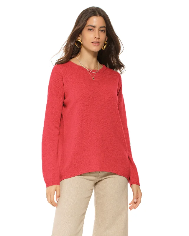 Women's Oversized Cashmere Boatneck Sweater Coral Red by Monticelli Cashmere