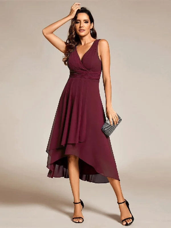 Chic V-Neck Pleated Sleeveless High-Low Chiffon Wedding Guest Dress