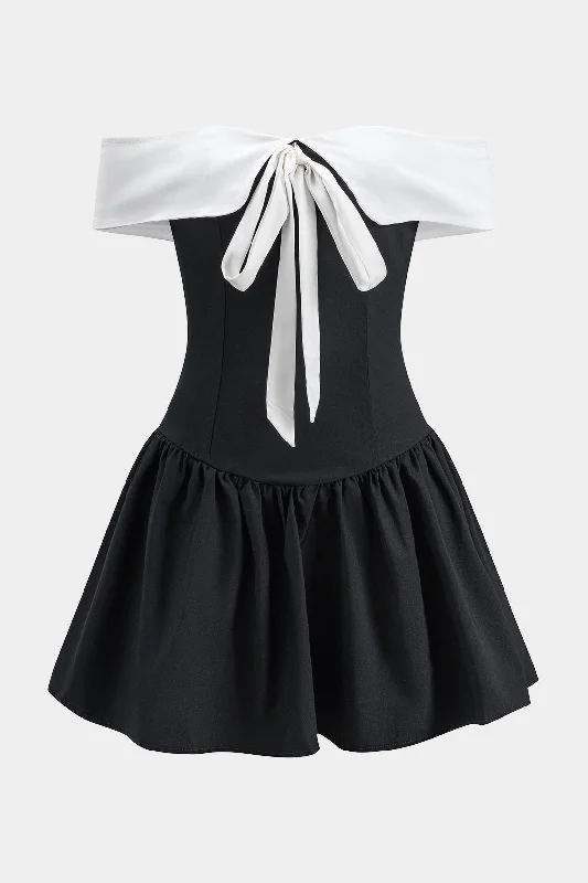 Contrast Pleated Bow Tie-Up Zipper Off Shoulder Mini Dress