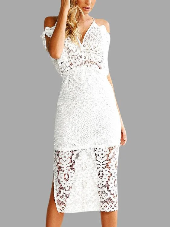 Wholesale White V-Neck Sleeveless Lace Cut Out Midi Dress