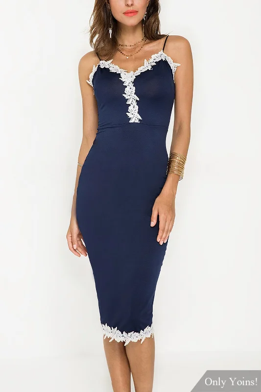 Wholesale Navy V-Neck Sleeveless Lace Bodycon Midi Dress