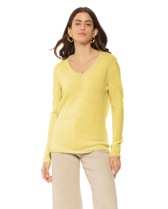 Women's Ultra-Light Cashmere V-Neck Sweater Lemon Yellow by Monticelli Cashmere