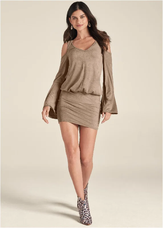 Faux-Suede Back Detail Dress - Tan