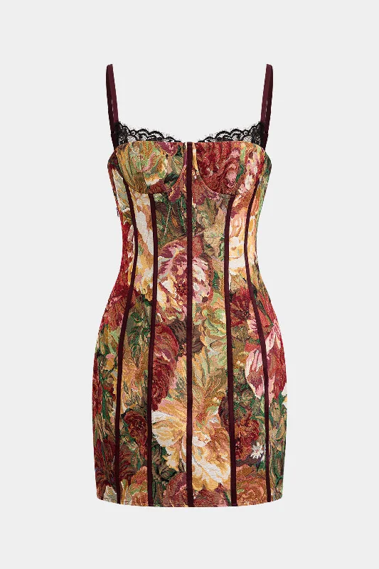 Floral Jacquard Patchwork Sleeveless Slip Bustier Mini Dress