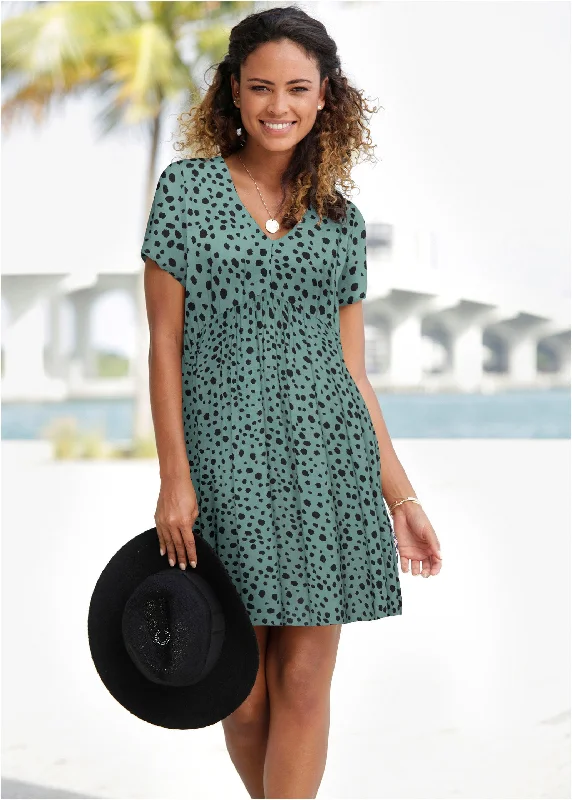 Printed V-Neck Dress - Green & Black