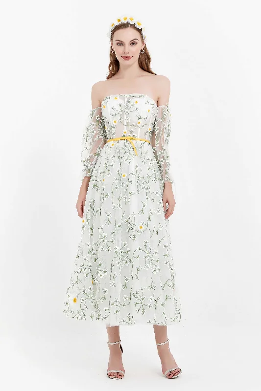 Puffy Sleeves Off Shoulder Floral Lace Dress