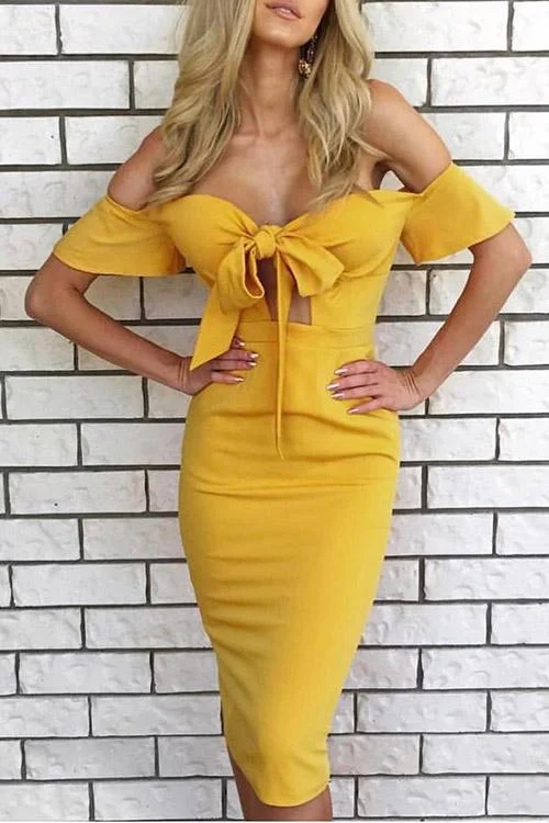 Wholesale Yellow Strapless Short Sleeve Plain Zip Back Side Pockets Cut Out Midi Dress