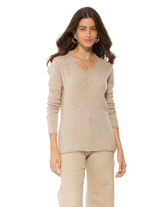 Women's Ultra-Light Cashmere V-Neck Sweater Beige by Monticelli Cashmere