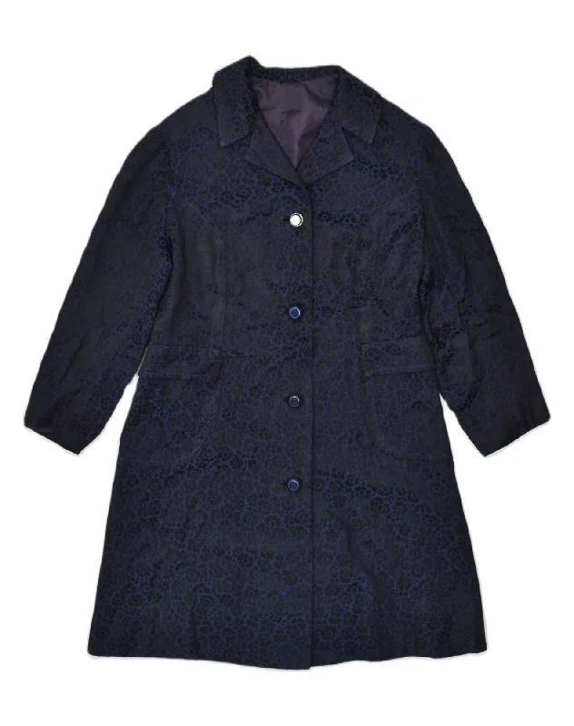 VINTAGE Womens Overcoat UK 12 Medium Navy Blue Floral Cotton