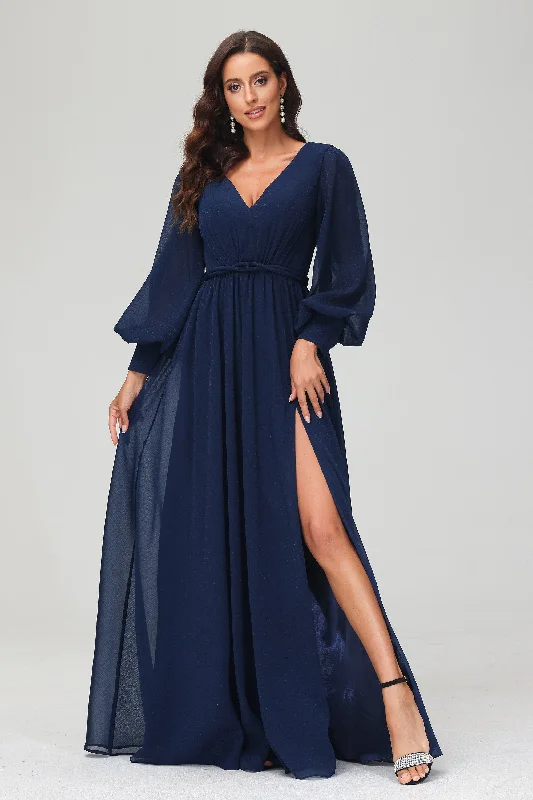 Elegant Long Sleeves V Neck Floor Length Dress With Slit