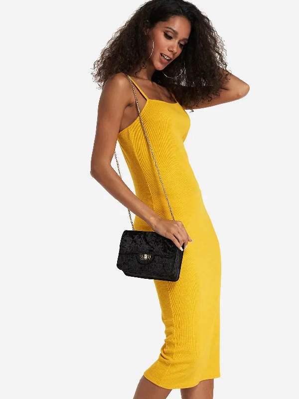 Wholesale Yellow Sleeveless Plain Spaghetti Strap Bodycon Hem Midi Dress