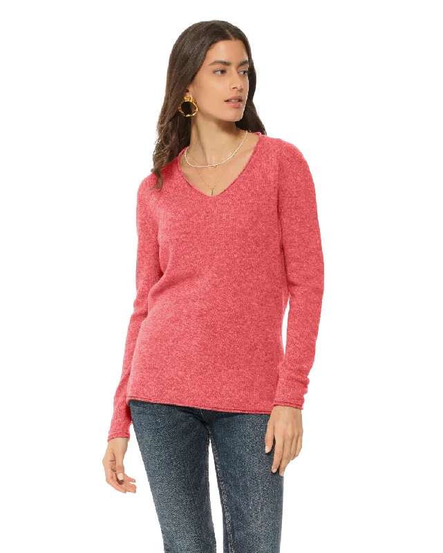 Women's Ultra-Light Cashmere V-Neck Sweater Coral Red by Monticelli Cashmere