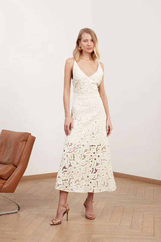 ULLA white lace midi dress with flattering skirt