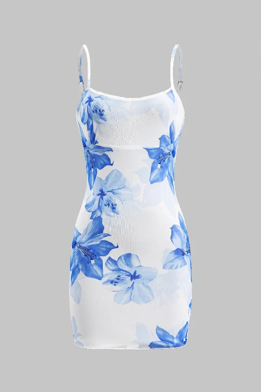 Floral Print Mesh Slip Mini Dress