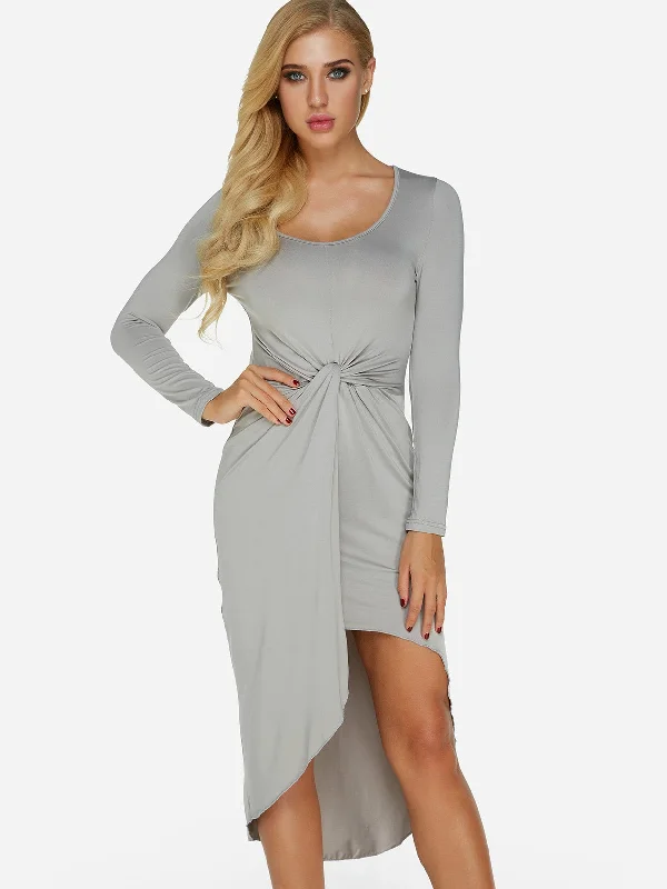 Wholesale Grey Scoop Neck Long Sleeve Plain Irregular Hem Midi Dress