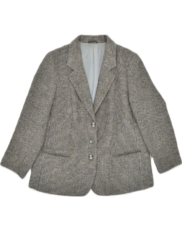 VINTAGE Womens 3 Button Blazer Jacket UK 14 Medium Grey Striped Wool