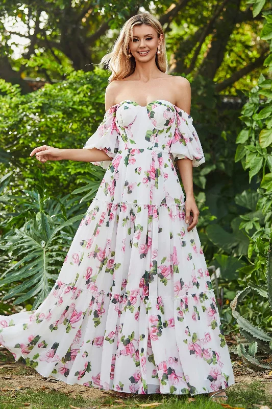 Off Shoulder Flowers Ruffled Chiffon Long Dress