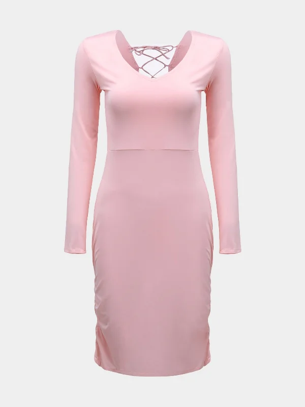 Wholesale Pink V-Neck Long Sleeve Plain Zip Back Hollow Lace-Up Pleated Midi Dress