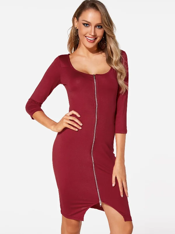 Wholesale Plain Zip Back 3/4 Length Sleeve Red Midi Dress