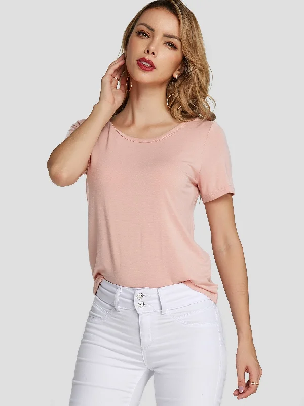 Wholesale Round Neck Twist Short Sleeve Pink T-Shirts